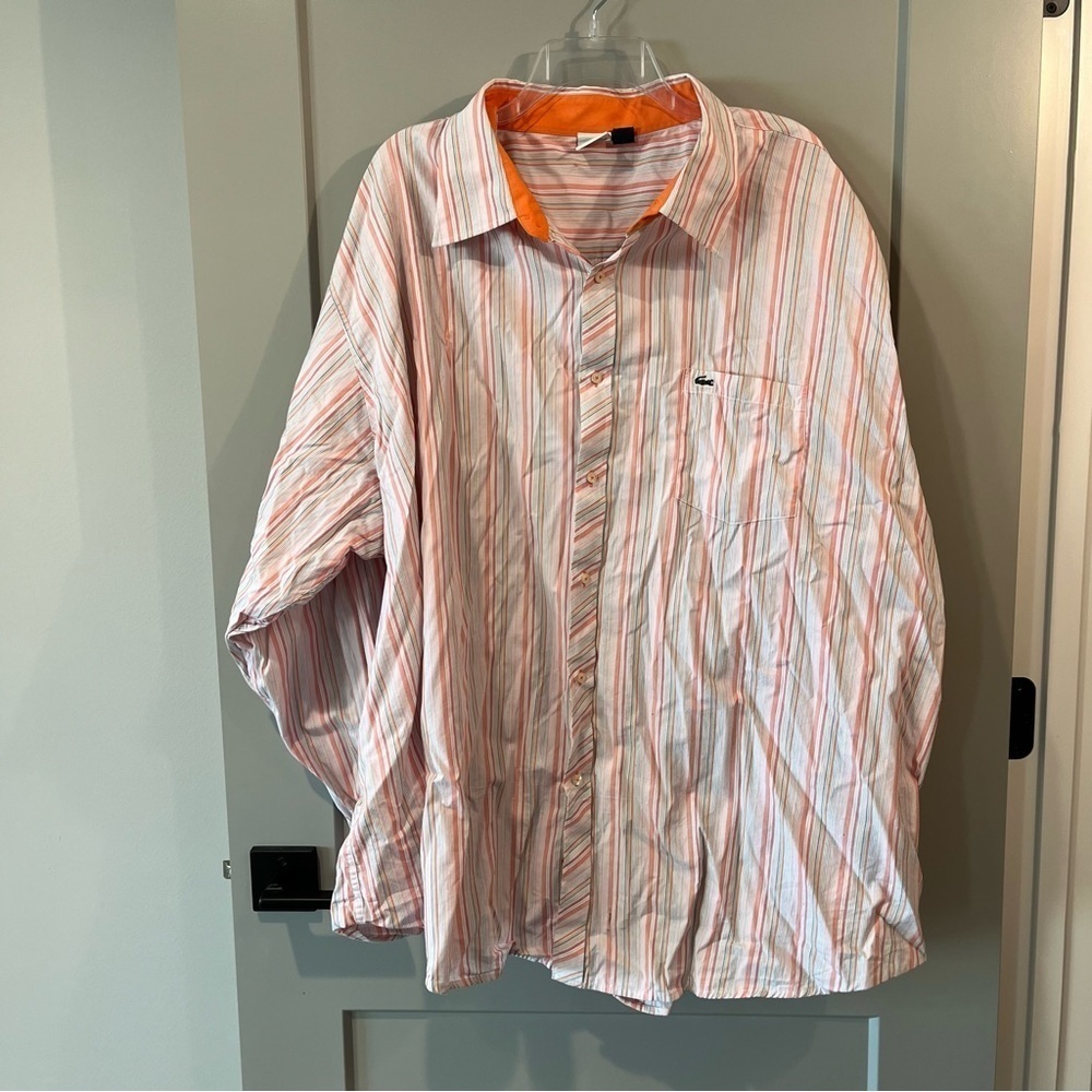 Lacoste Size 5XL 21-21.5” 100% Cotton Orange Vertical Striped Button Down Shirt